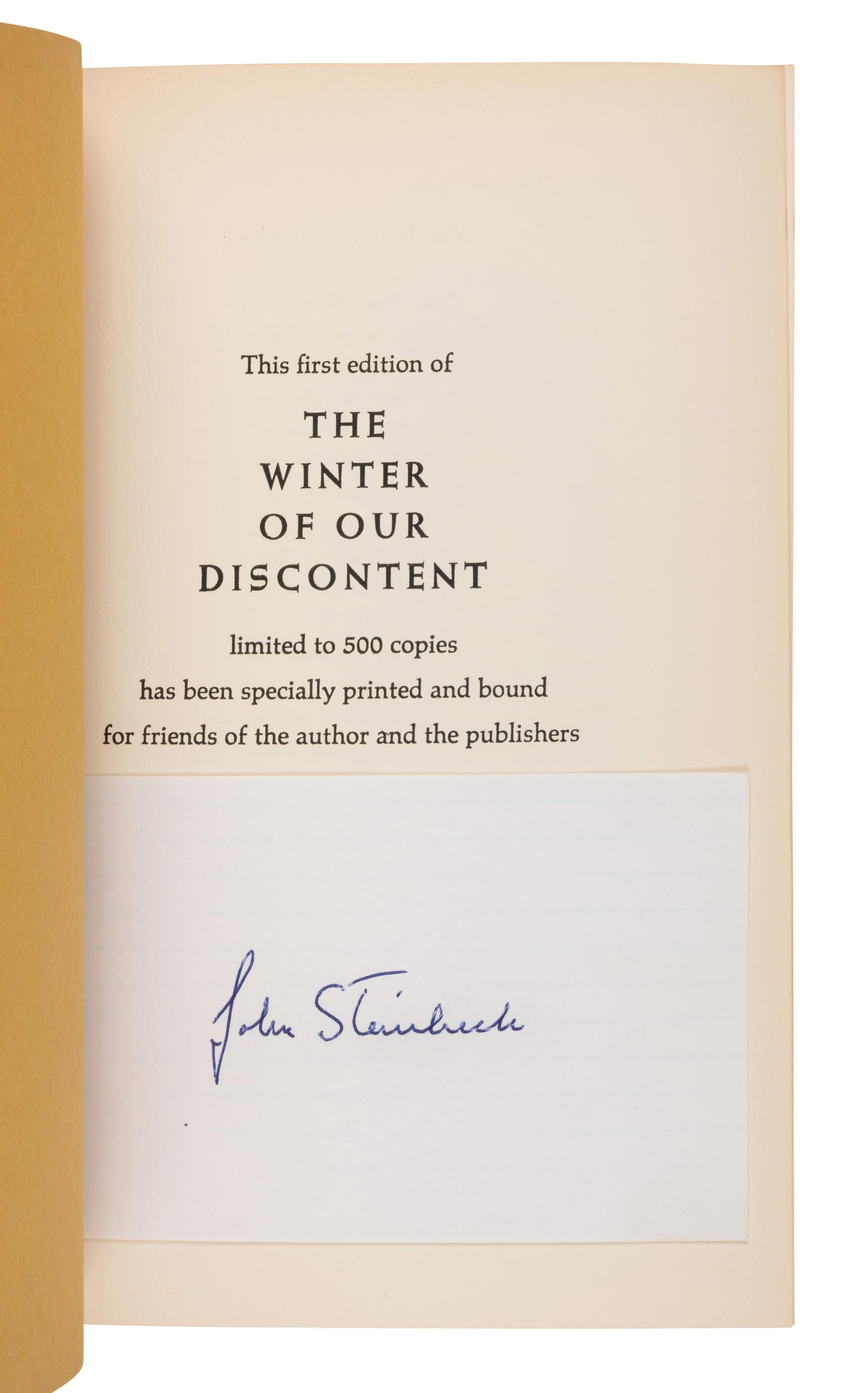 STEINBECK, John (1902-1968). A group of 11 works, MOST FIRST EDITIONS IN UNRESTORED UNCLIPPED DUST JACKETS, including: