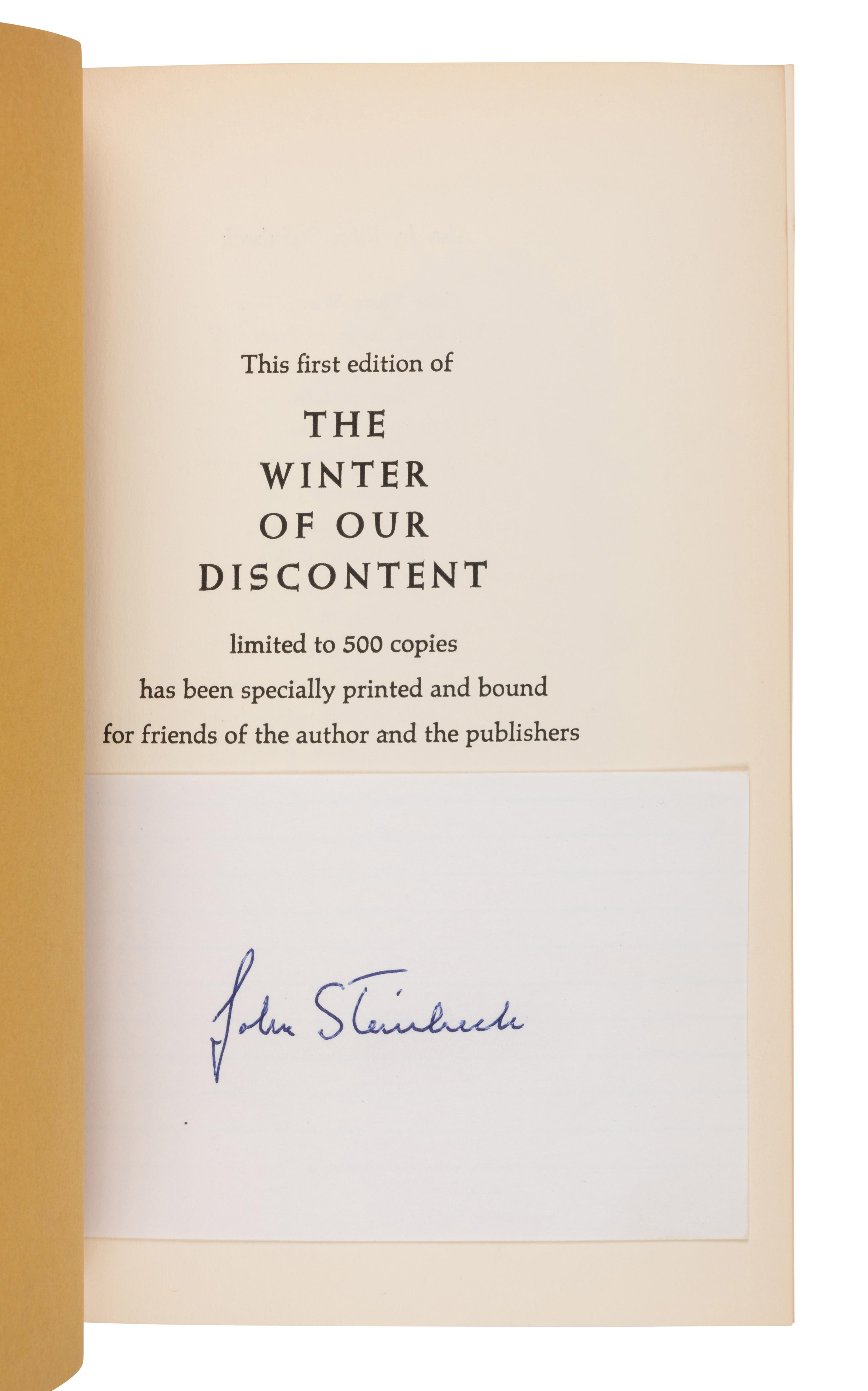 STEINBECK, John (1902-1968). A group of 11 works, MOST FIRST EDITIONS IN UNRESTORED UNCLIPPED DUST JACKETS, including: