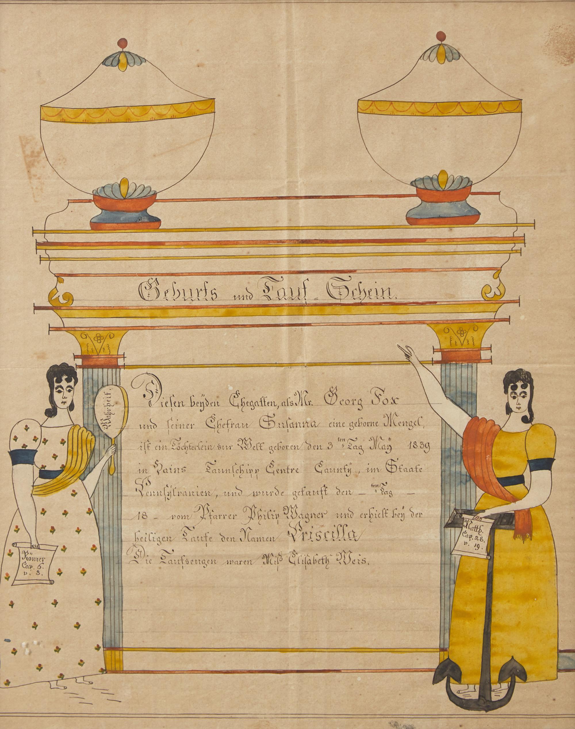 Reverend Henry Young (1792-1861) A Fraktur: Birth And Baptism Record For Priscilla Fox