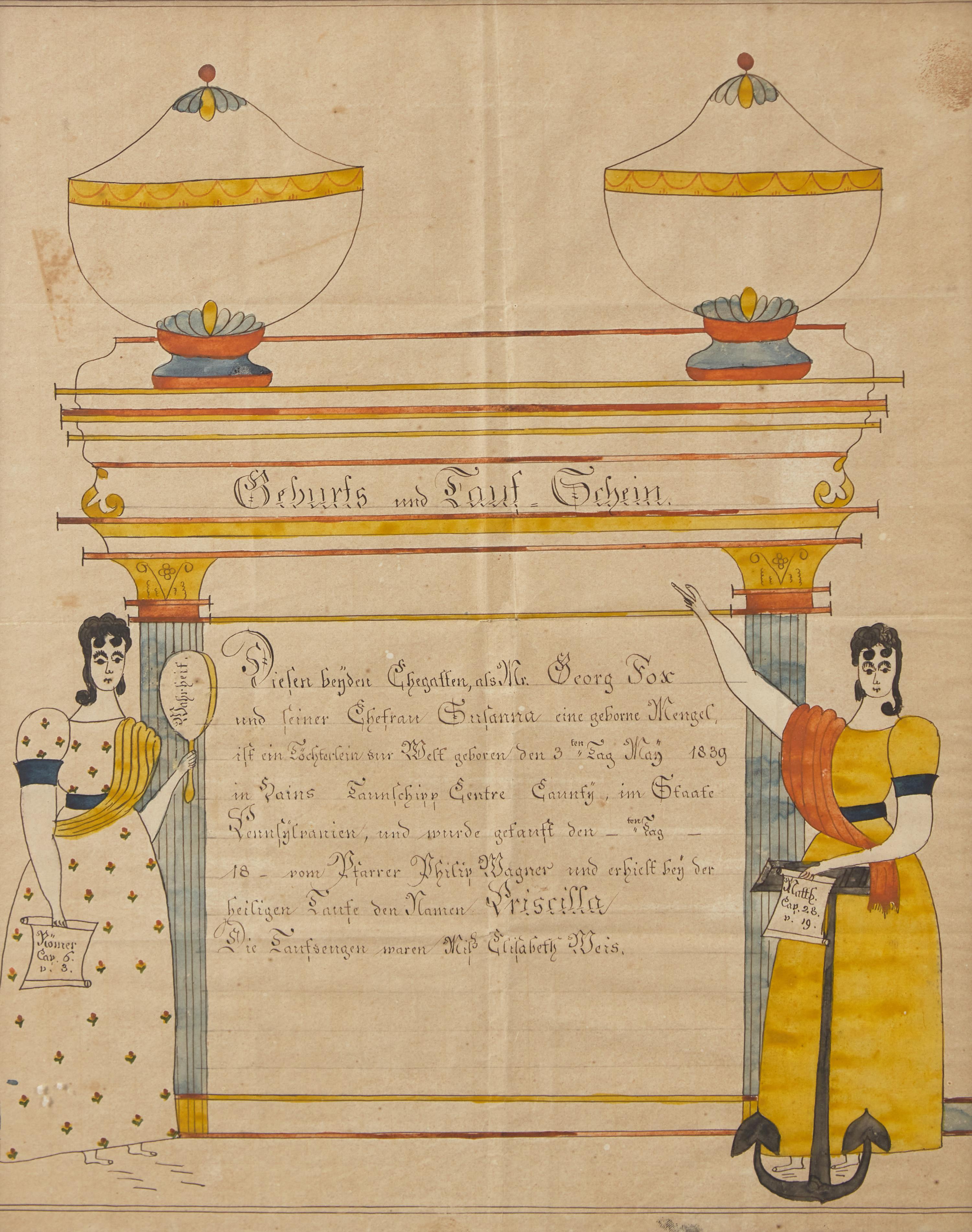 Reverend Henry Young (1792-1861) A Fraktur: Birth And Baptism Record For Priscilla Fox