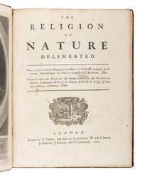 [FRANKLIN, Benjamin (1706-1790), printing]. WOLLASTON, William. The Religion of Nature Delineated . London: S. Palmer for B. Lintott, W. and J. Innys, J. Osborn, J. Batley, and T. Longman, 1725.