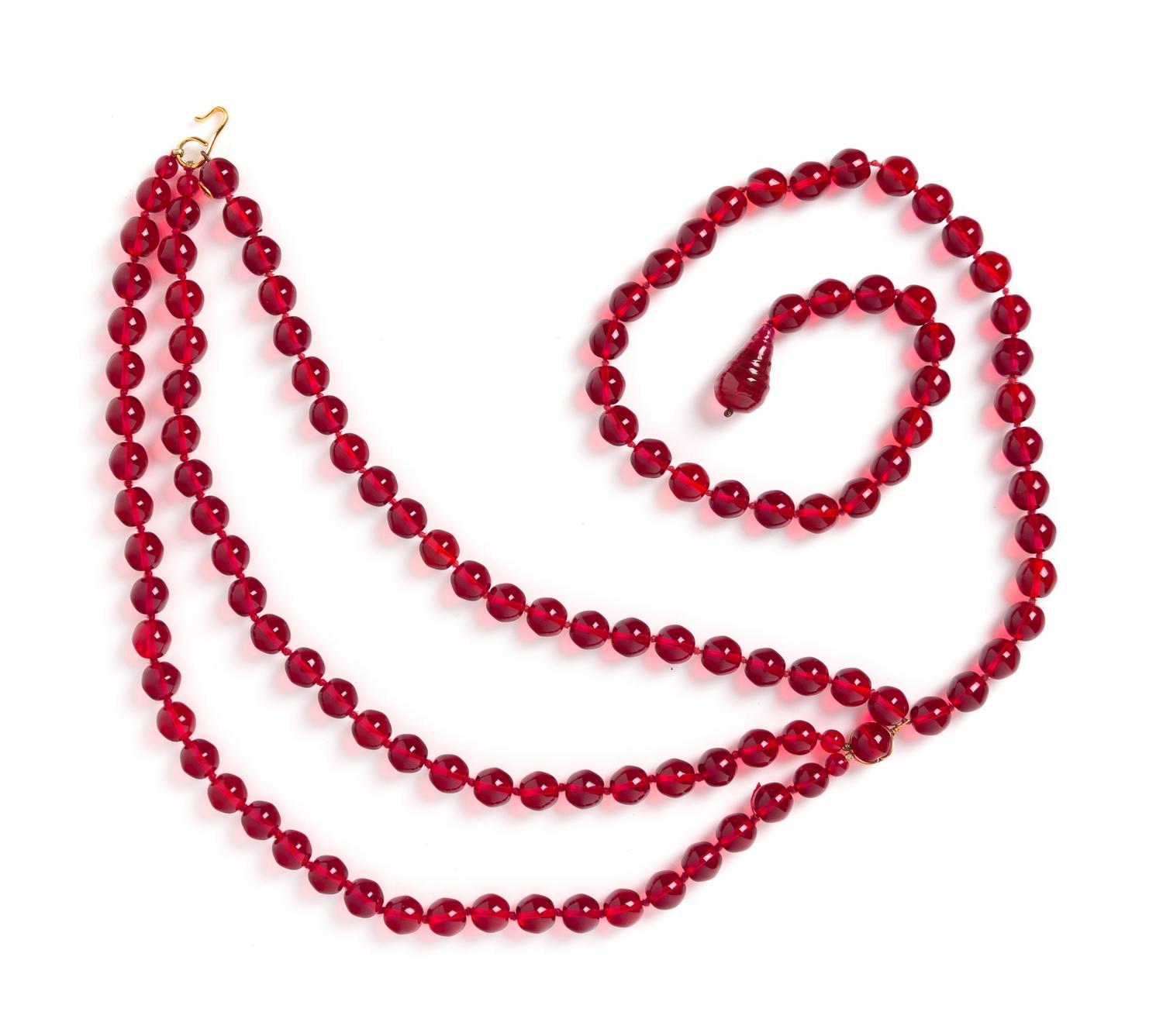 A Chanel Red Gripoix Three Tier Beaded Belt/Necklace, 38".