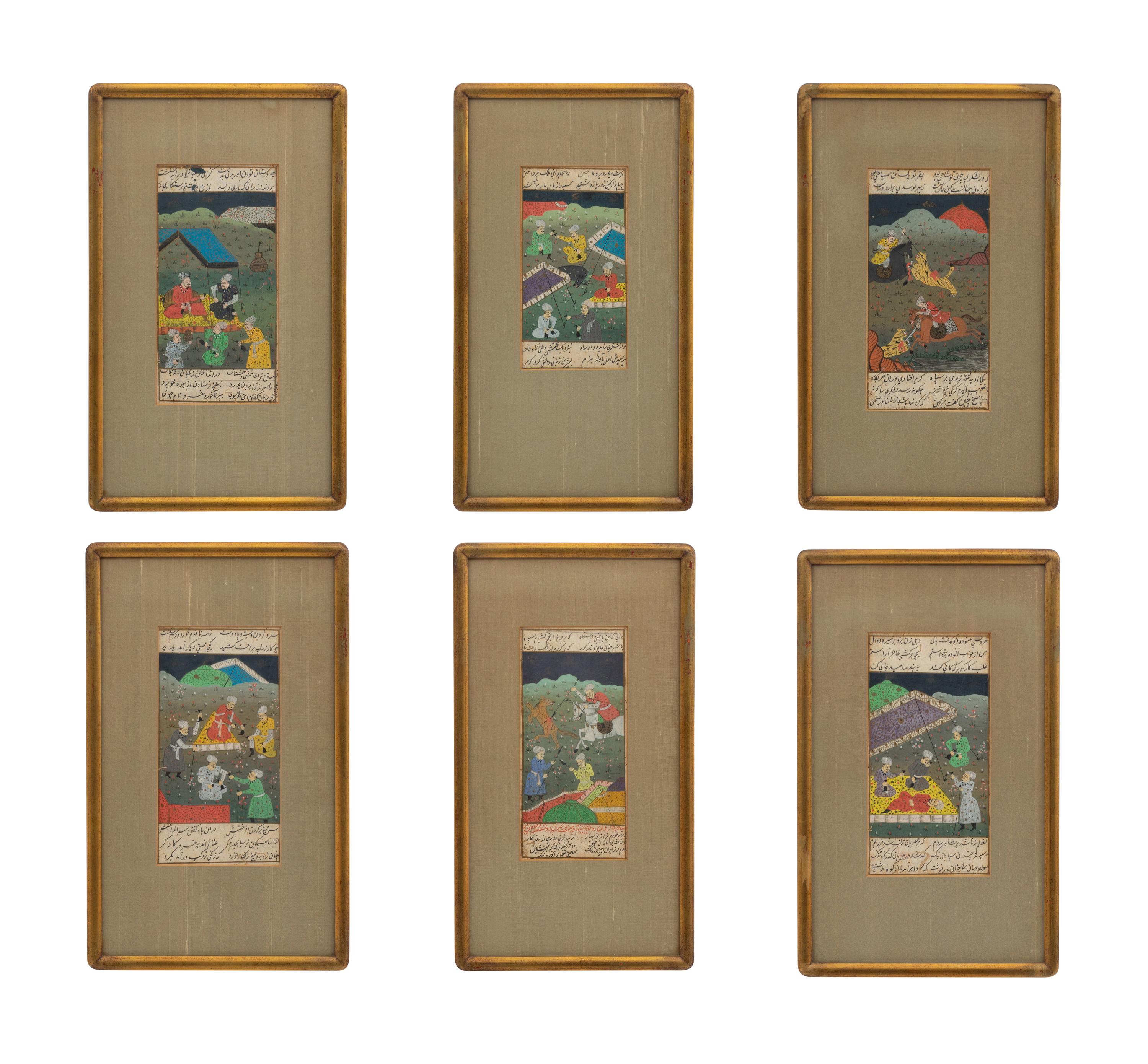 A Collection of Six Persian Miniature Paintings in Giltwood Frames