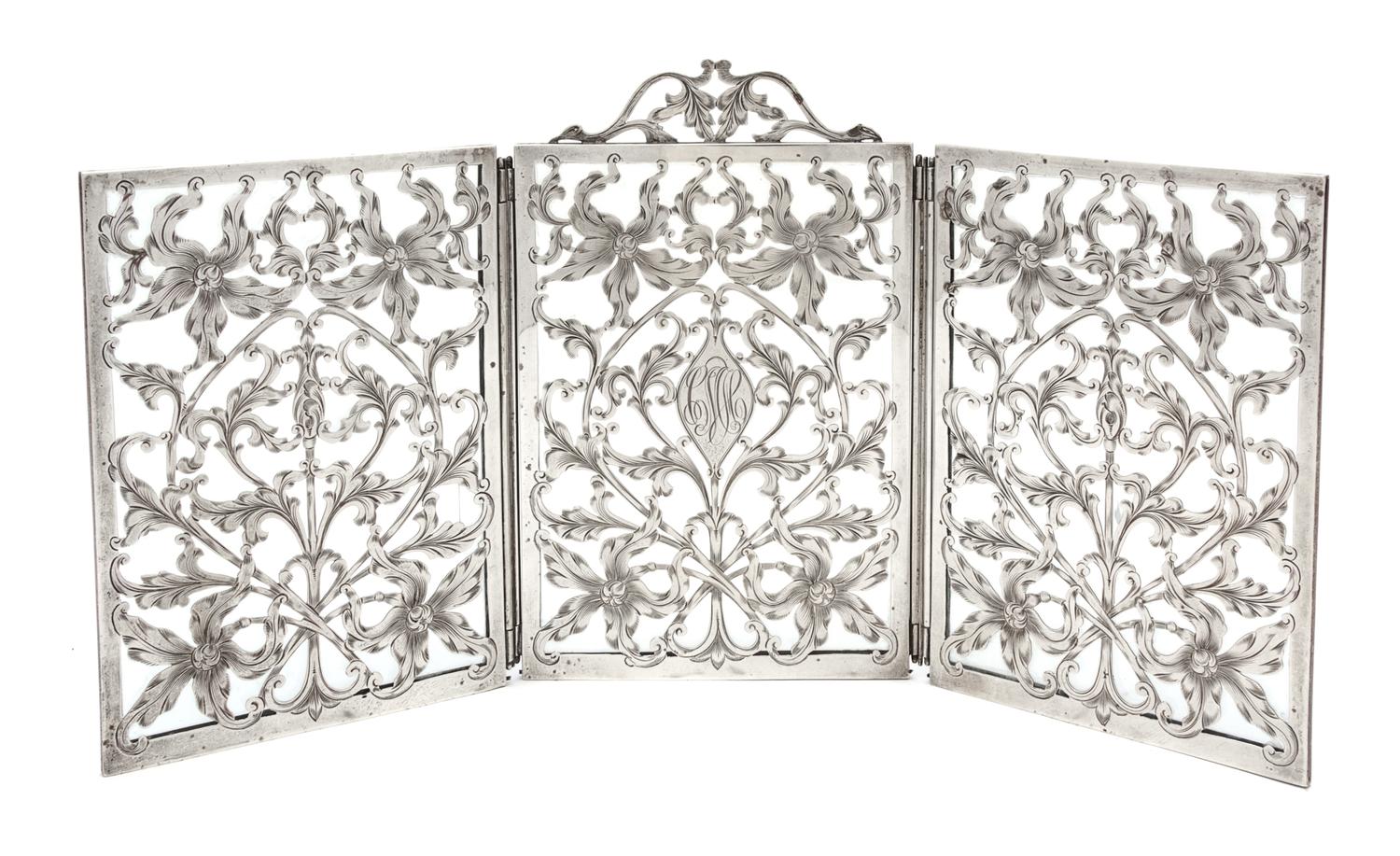 A Silver Overlay Glass Three Panel Table Screen Length 15 1/2 inches.