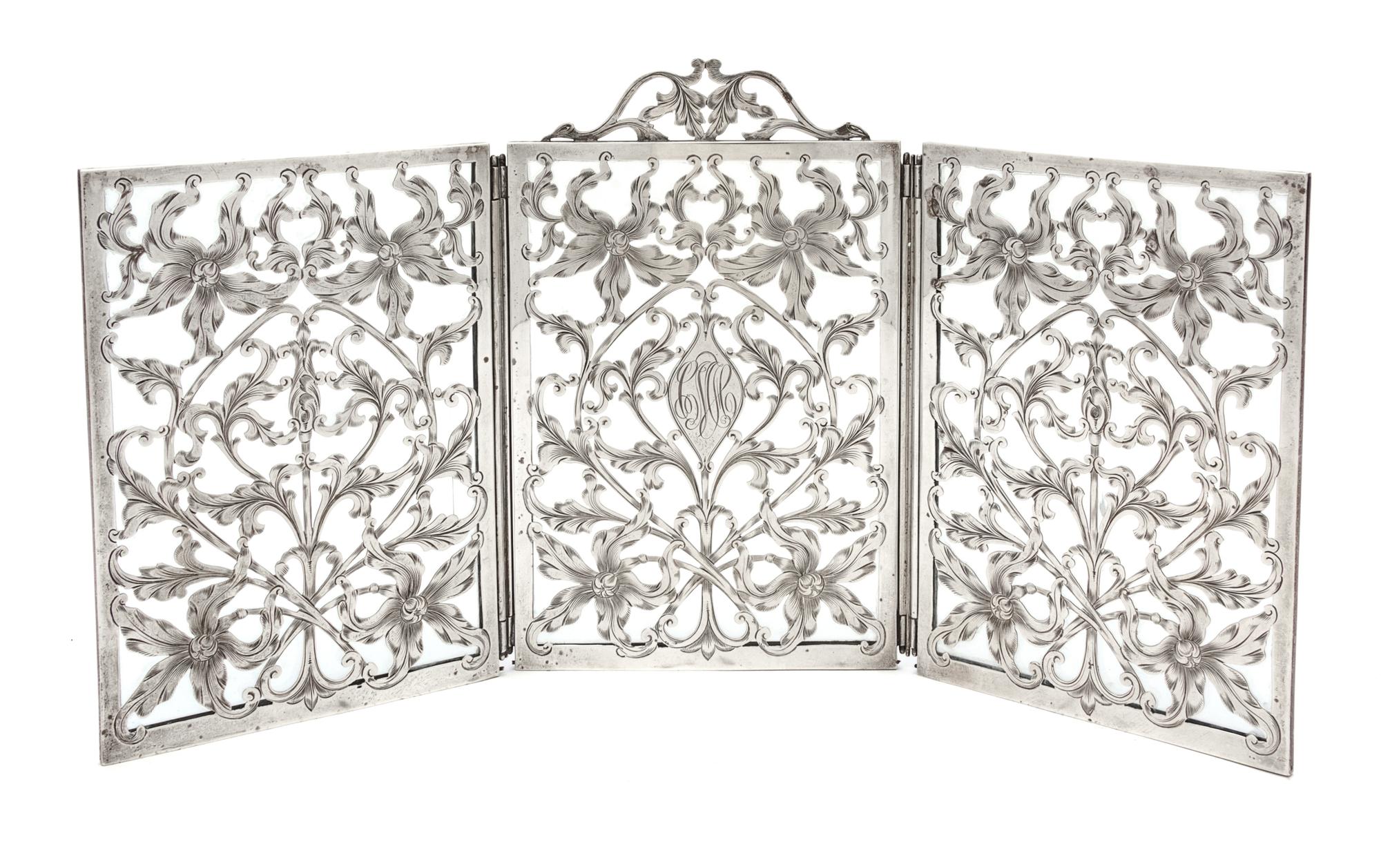 A Silver Overlay Glass Three Panel Table Screen Length 15 1/2 inches.