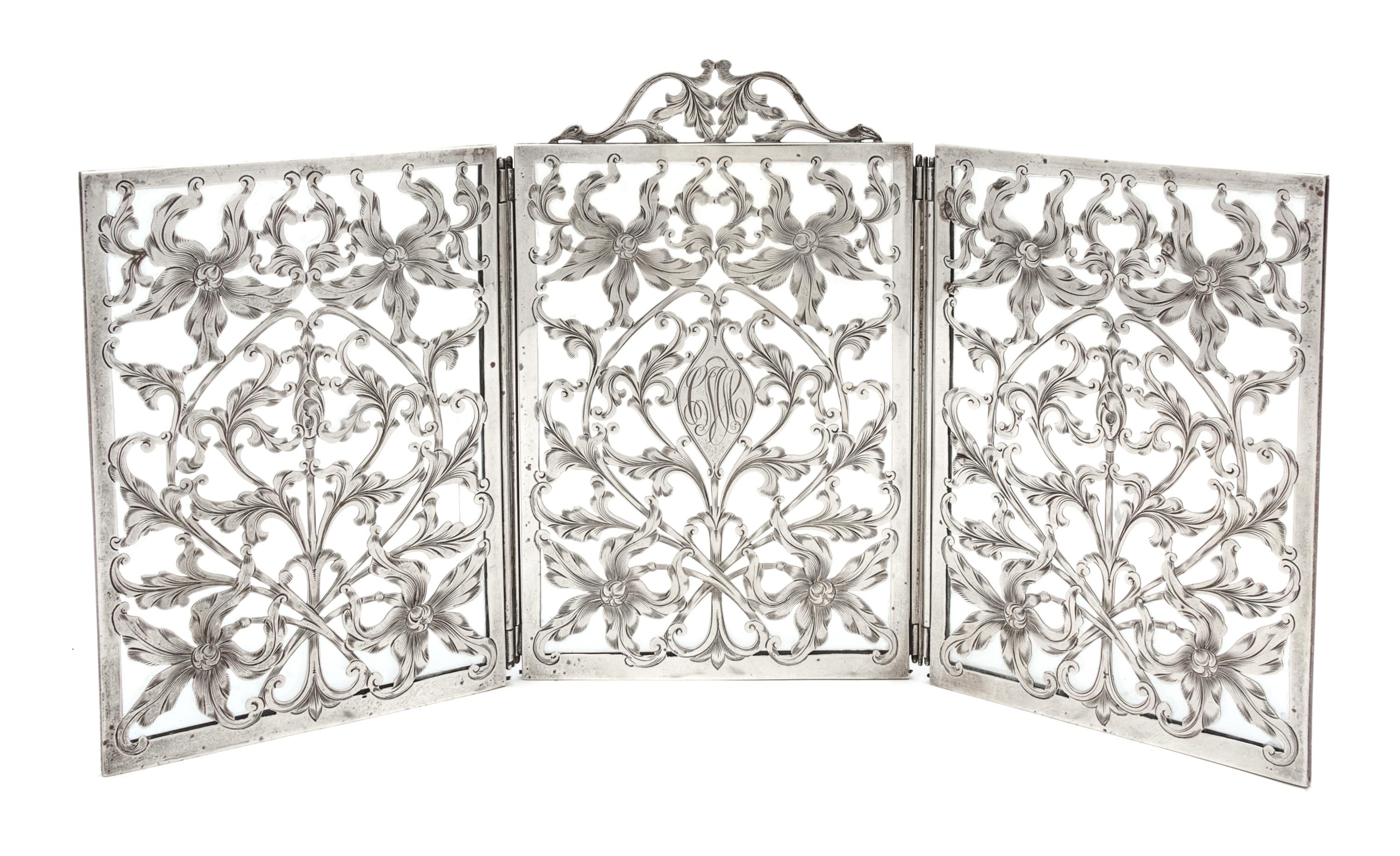 A Silver Overlay Glass Three Panel Table Screen Length 15 1/2 inches.