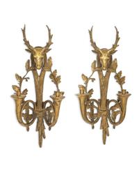 A Pair of English Brass Stag Head and Hunting Horn Sconces
