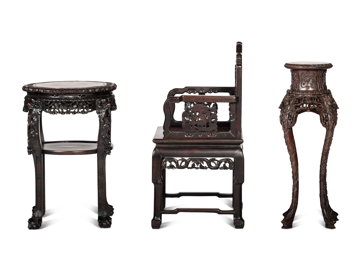Two Chinese Hardwood Stands and an Armchair