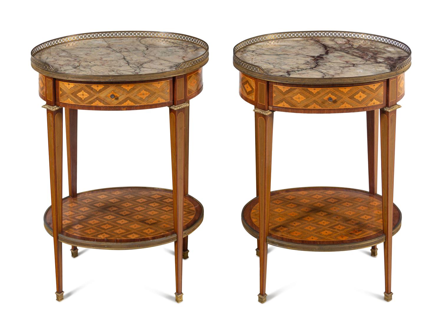 A Pair of Louis XVI Style Marquetry Marble-Top Side Tables