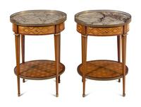 A Pair of Louis XVI Style Marquetry Marble-Top Side Tables