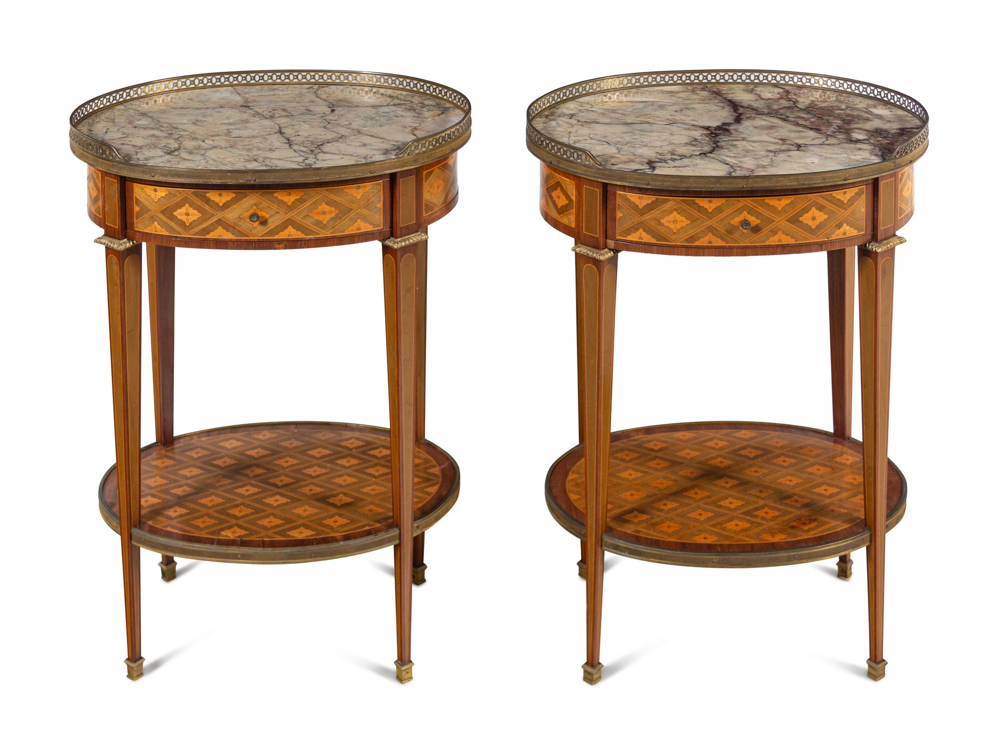 A Pair of Louis XVI Style Marquetry Marble-Top Side Tables