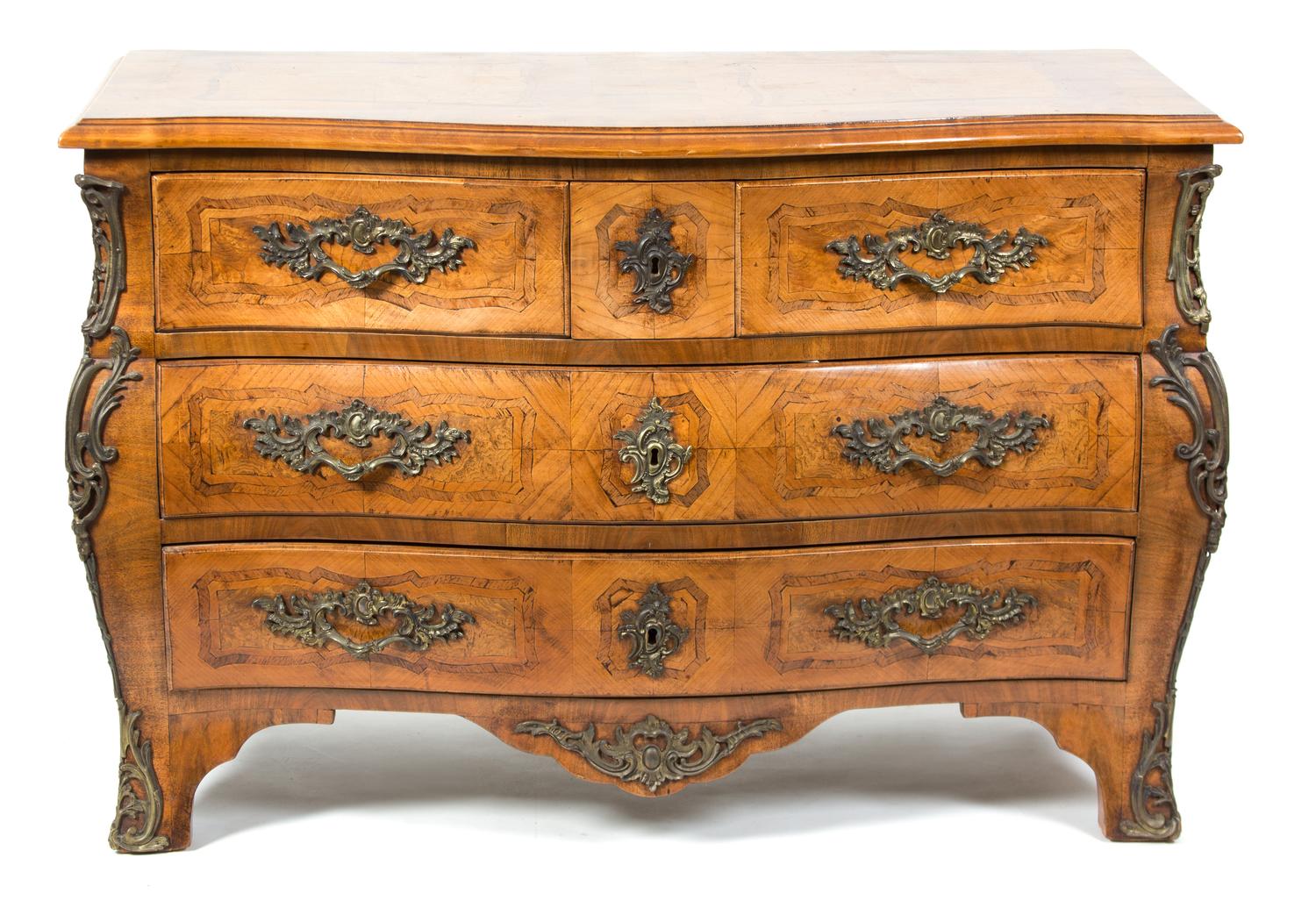 A Louis XV Style Bronze-Mounted Parquetry-Inlaid Tulipwood Commode Height 33 1/2 x width 51 1/2 x depth 23 inches. — 19TH CENTURY