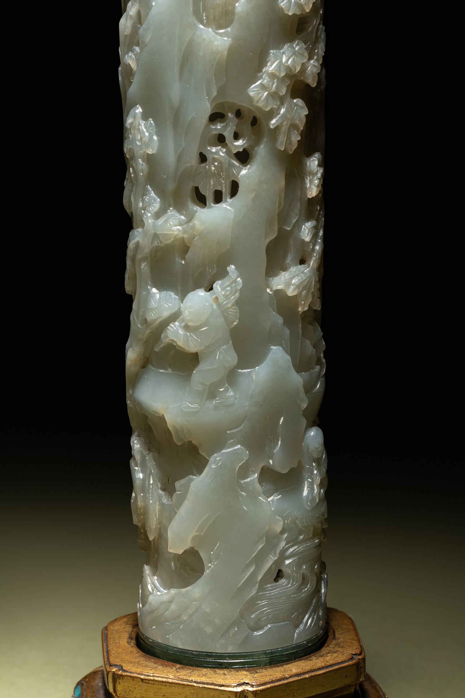 A Pair of Carved Celadon Jade Cylindrical Parfumiers