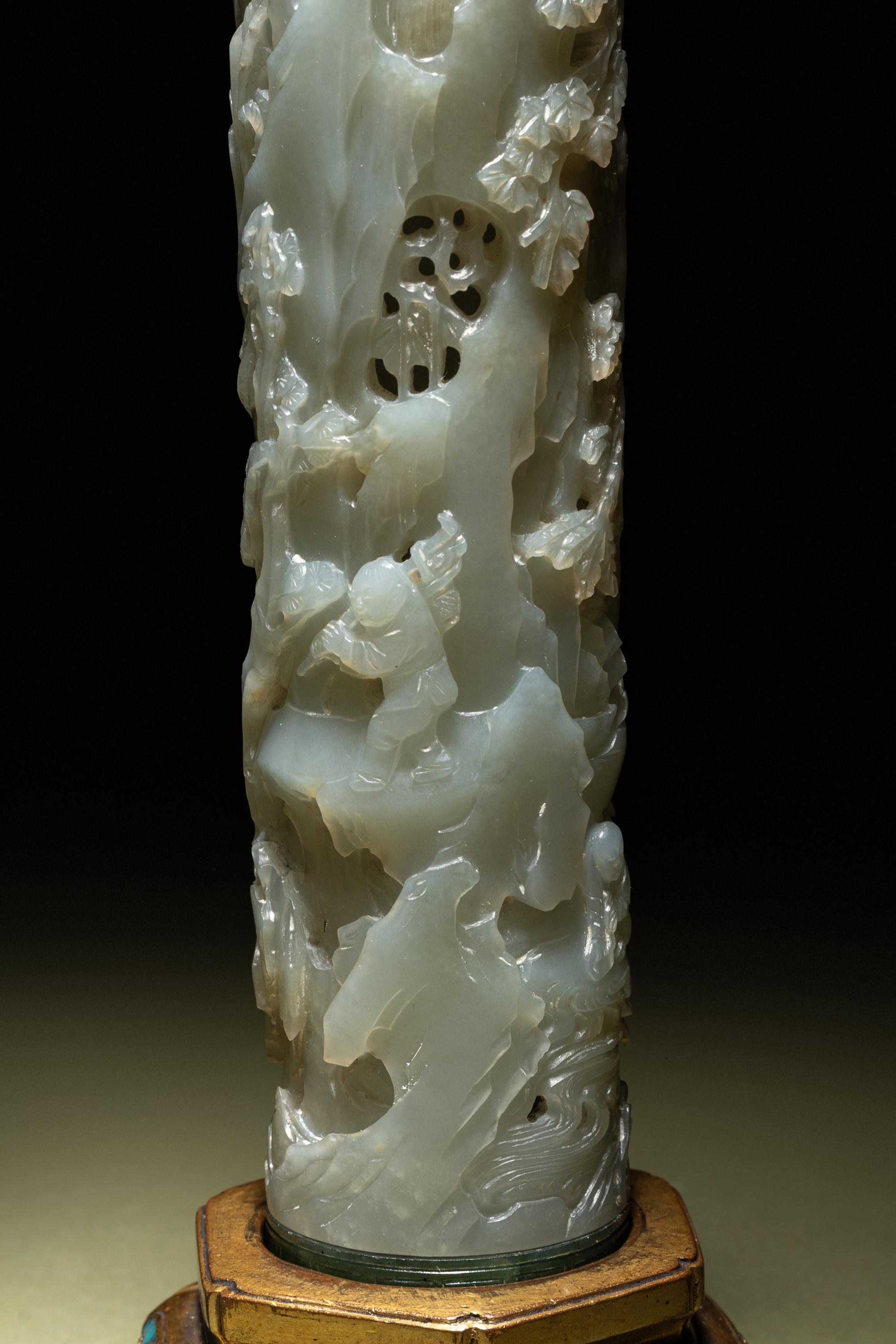 A Pair of Carved Celadon Jade Cylindrical Parfumiers