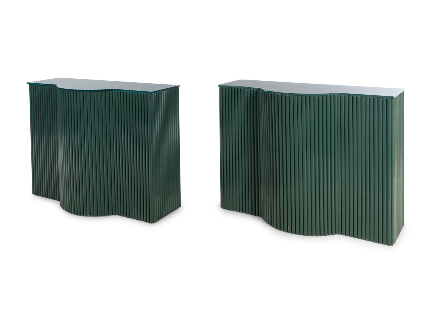 A Pair of Art Deco Style Painted Sideboards with Opaque Glass Tops