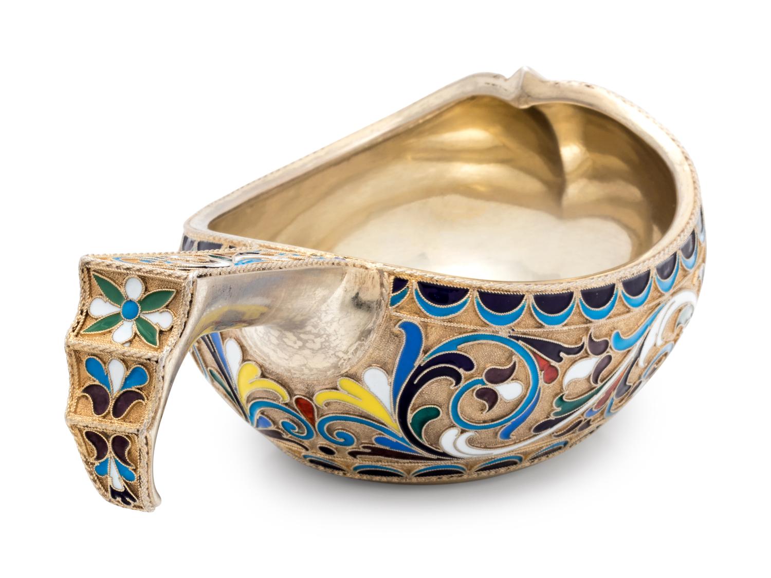 A Russian Silver-Gilt and Enamel Kovsh