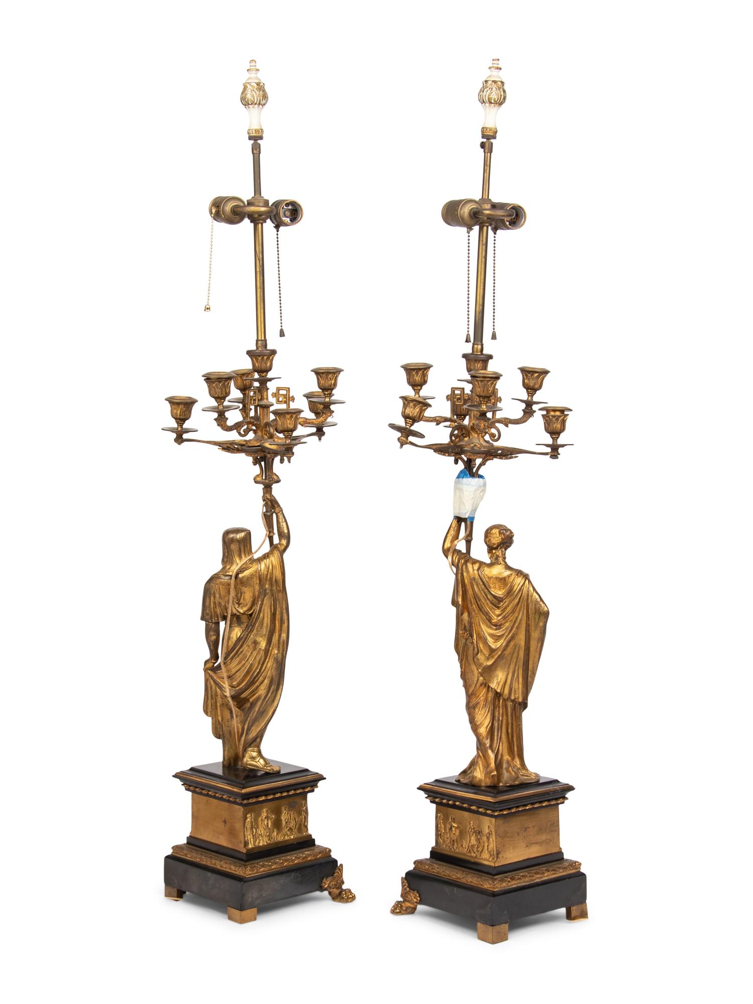 A Pair of French Neoclassical Gilt Bronze Mounted Seven-Light Candelabra