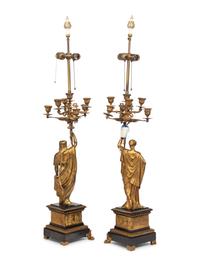 A Pair of French Neoclassical Gilt Bronze Mounted Seven-Light Candelabra