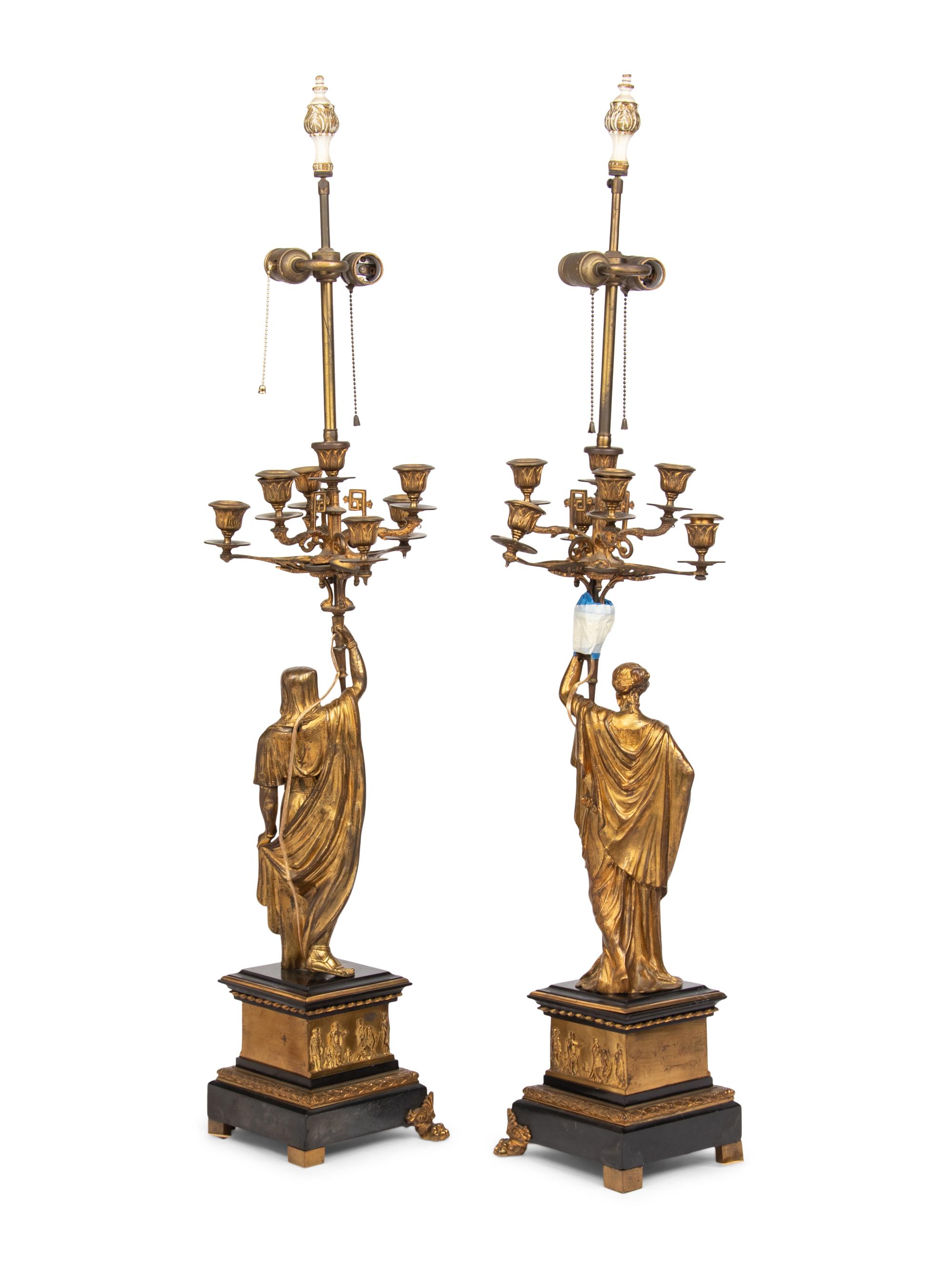 A Pair of French Neoclassical Gilt Bronze Mounted Seven-Light Candelabra