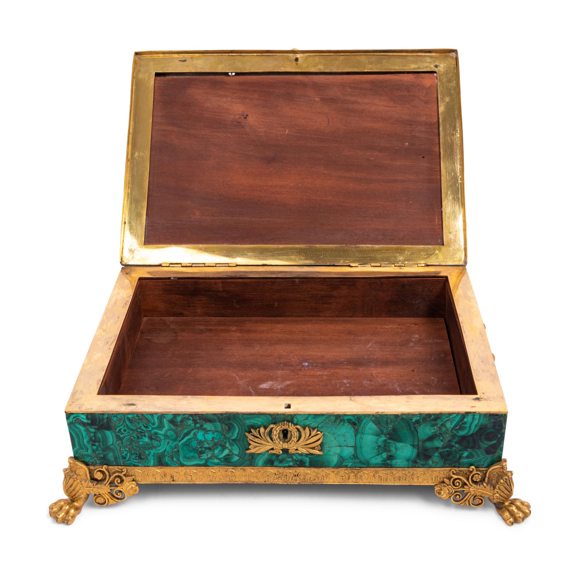 An Empire Style Gilt Bronze Mounted Malachite Veneered Table Casket