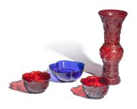 Three Chinese Colored Glass Bowls and a Ruby Glass Vase, 19th-20th Century 晚清-民國 寶石紅及 寶石 藍料器四件