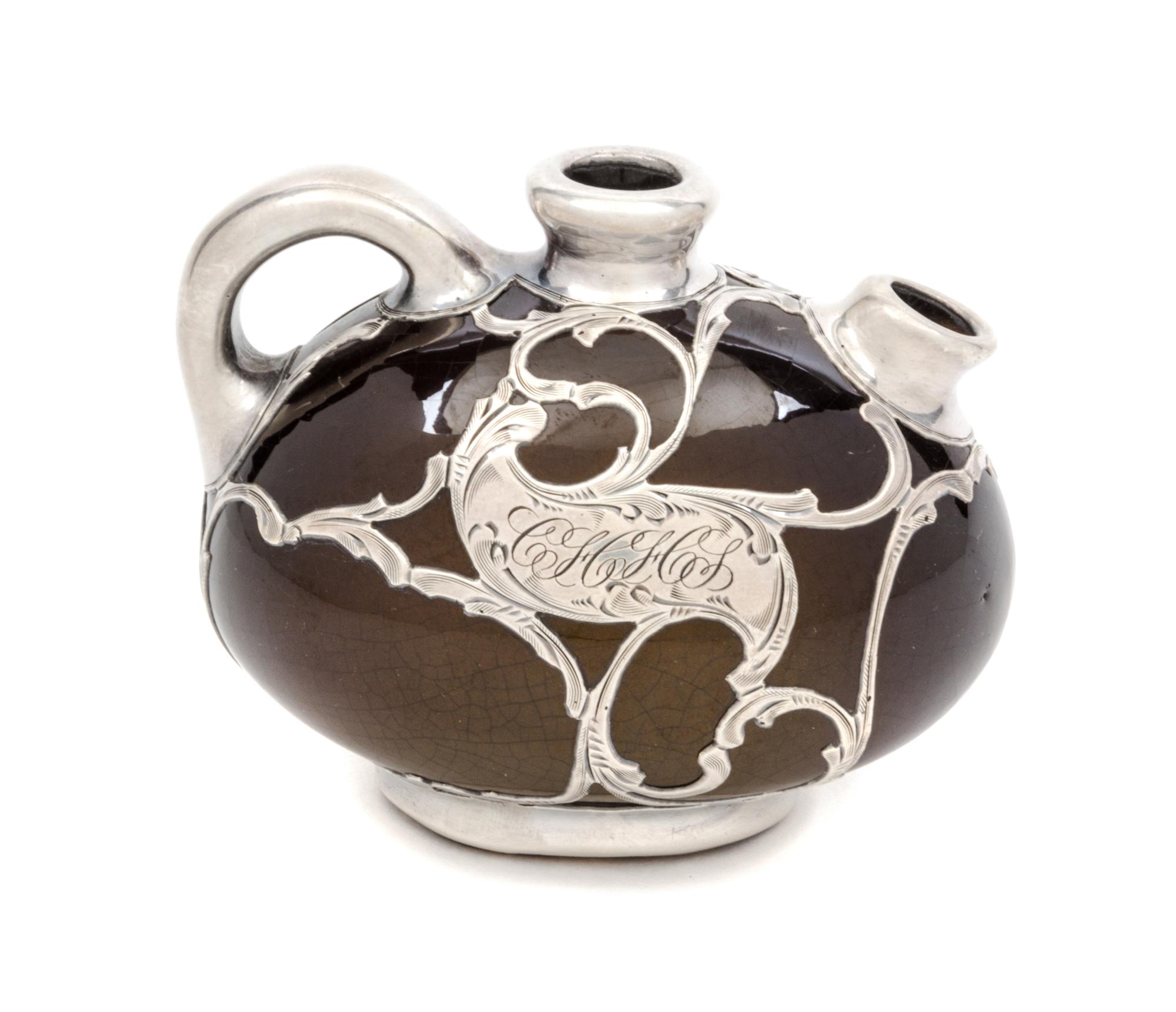 A Weller Louwelsa Silver Overlay Diminutive Pitcher Width 3 1/2 inches.