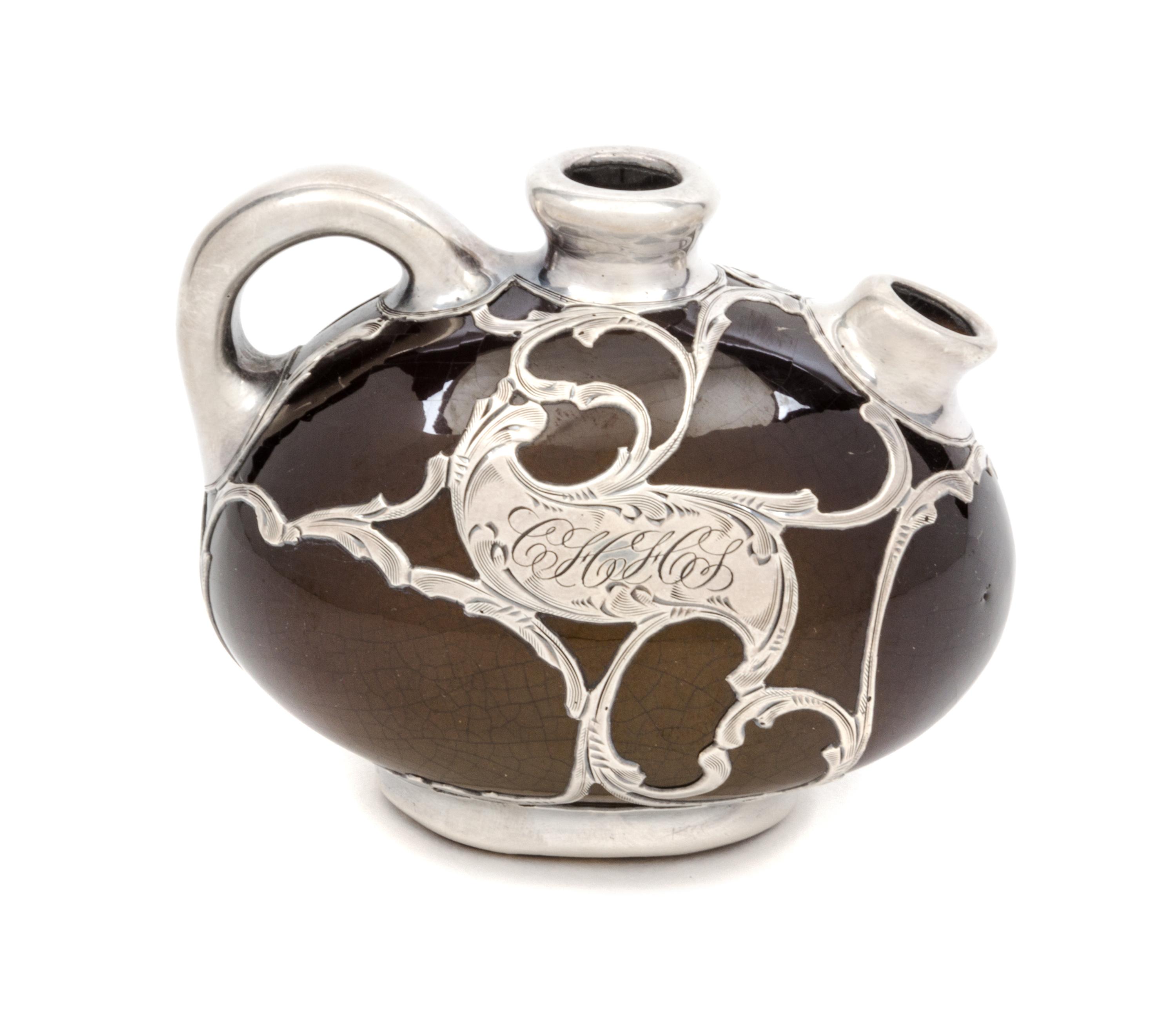 A Weller Louwelsa Silver Overlay Diminutive Pitcher Width 3 1/2 inches.
