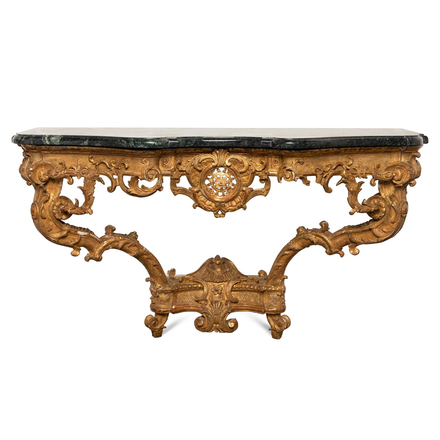 A Régence Carved Giltwood and Marble-Top Serpentine Console Table
