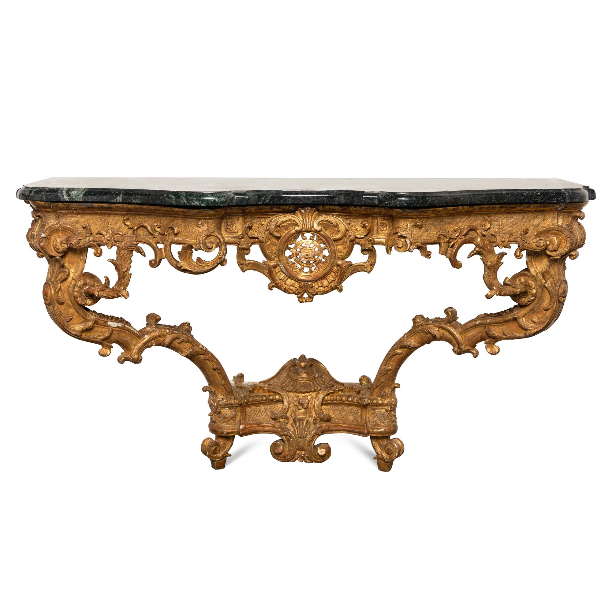 A Régence Carved Giltwood and Marble-Top Serpentine Console Table