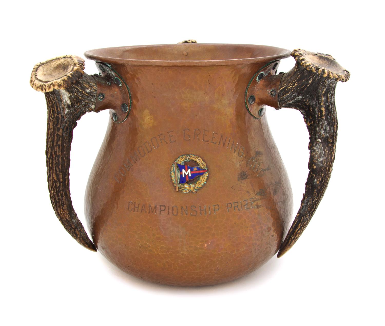 An American Arts & Crafts Hand Hammered Copper Trophy, Johan Fruk, Height 7 3/4 inches.