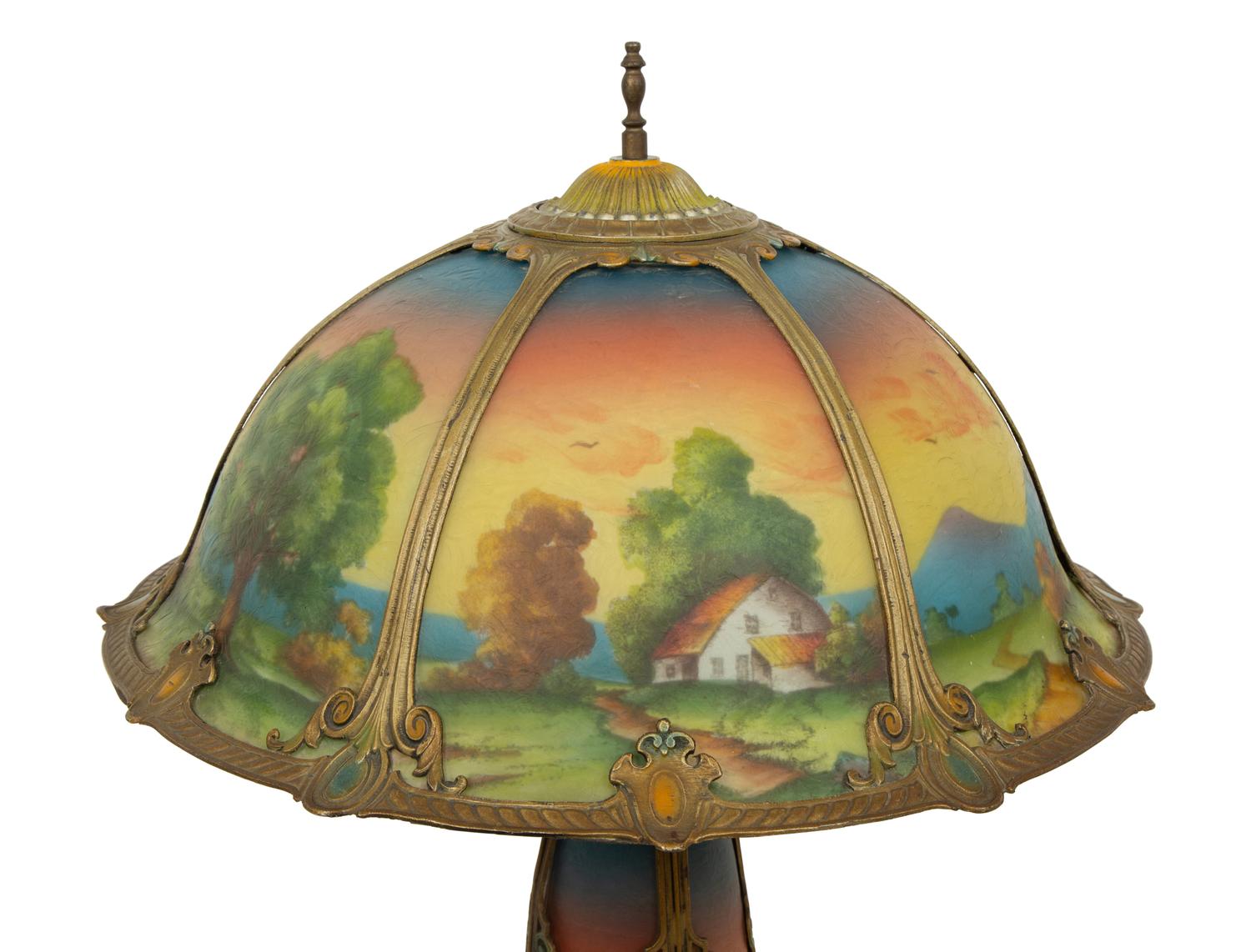 Two Gilt Metal Table Lamps with Reverse Painted Glass Shades