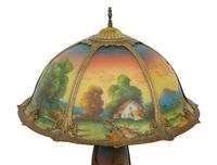 Two Gilt Metal Table Lamps with Reverse Painted Glass Shades
