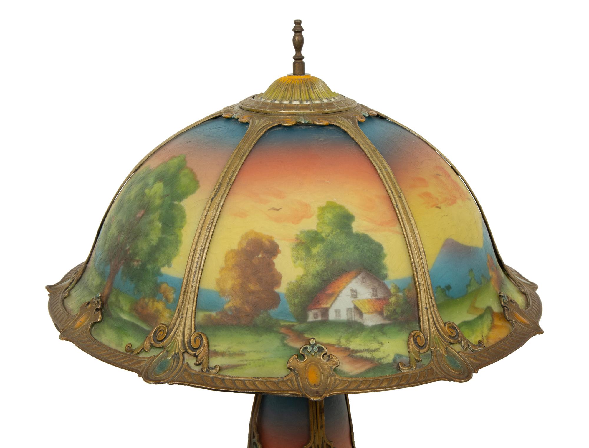 Two Gilt Metal Table Lamps with Reverse Painted Glass Shades