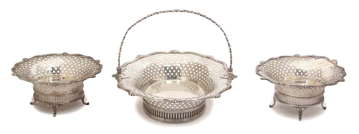 A Group of Three English Silver Articles, Carrington & Co., London, 1908, comprising a basket weave reticulated bowl with handle, and a