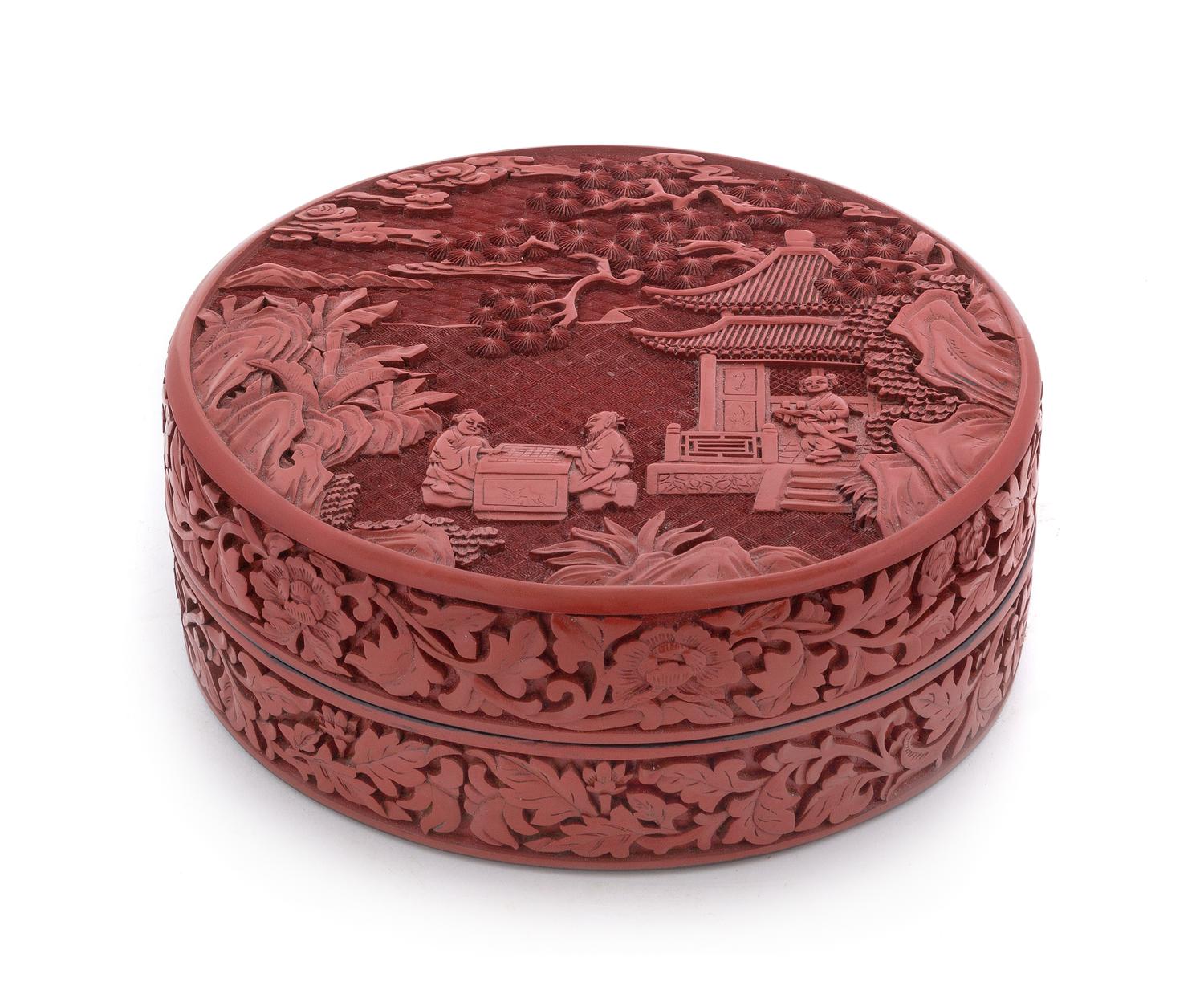 A Cinnabar Lacquer Circular Box and Cover Diameter 8 3/4 inches.