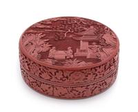 A Cinnabar Lacquer Circular Box and Cover Diameter 8 3/4 inches.