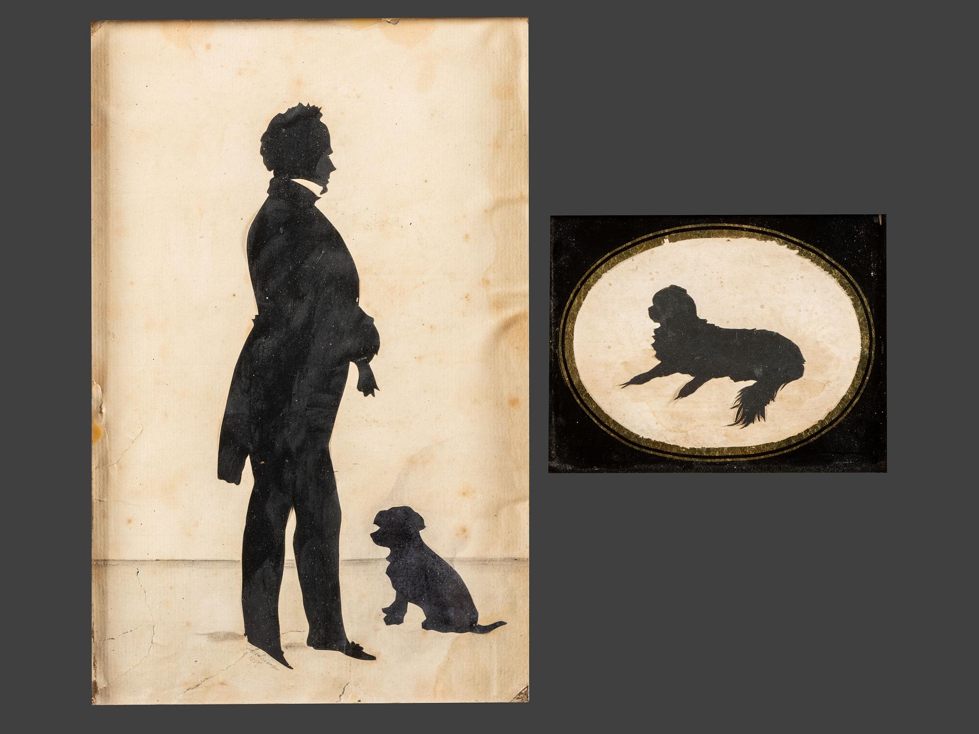 Two Cut Paper Silhouettes with Dogs