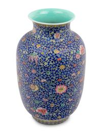 A Chinese Blue Ground Famille Rose Porcelain Baluster Vase