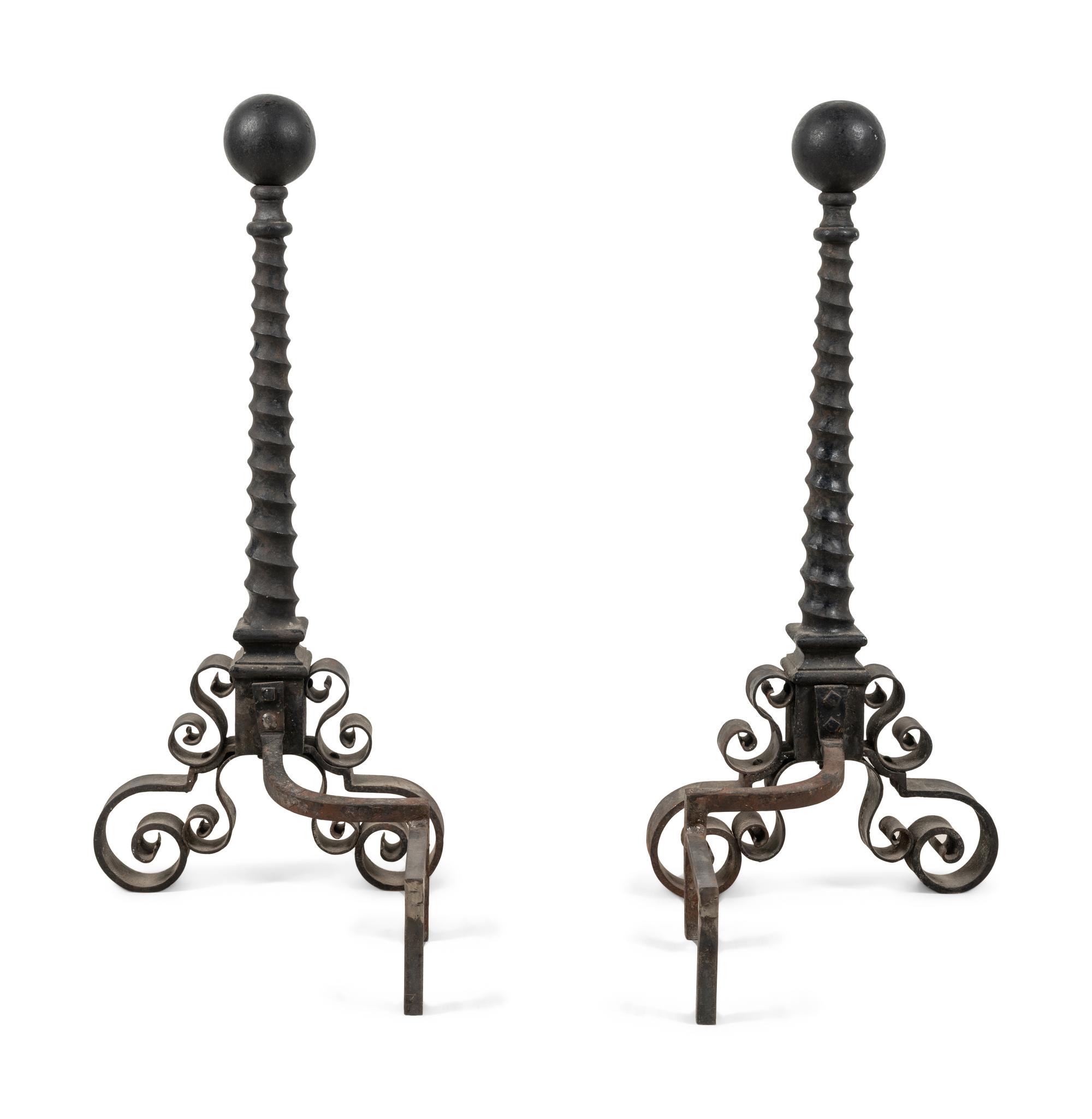 A Pair of Continental Iron Spiral-Twist Ball-Top Andirons