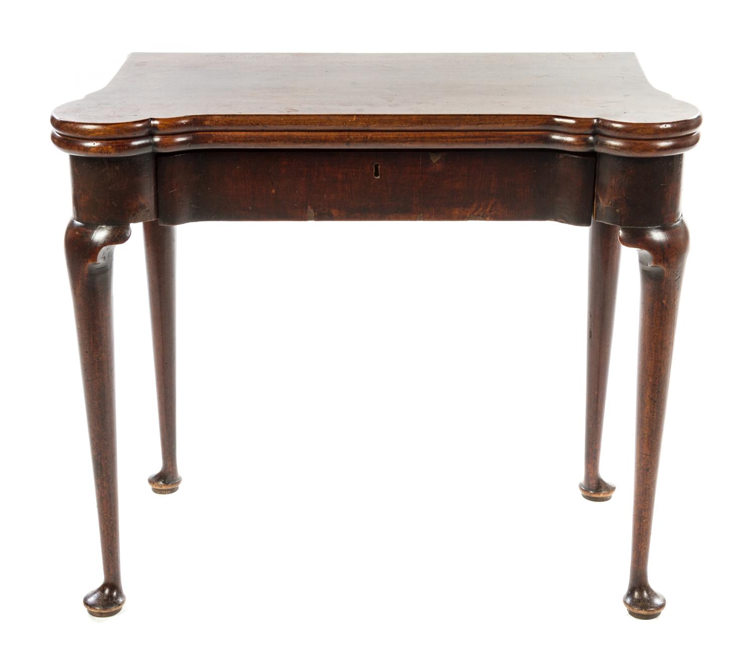 A George III Mahogany Flip-Top Card Table Height 27 3/4 x width 33 1/2 x depth when closed 16 1/2 inches. — LATE 18TH CENTURY