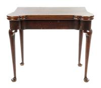 A George III Mahogany Flip-Top Card Table Height 27 3/4 x width 33 1/2 x depth when closed 16 1/2 inches. — LATE 18TH CENTURY