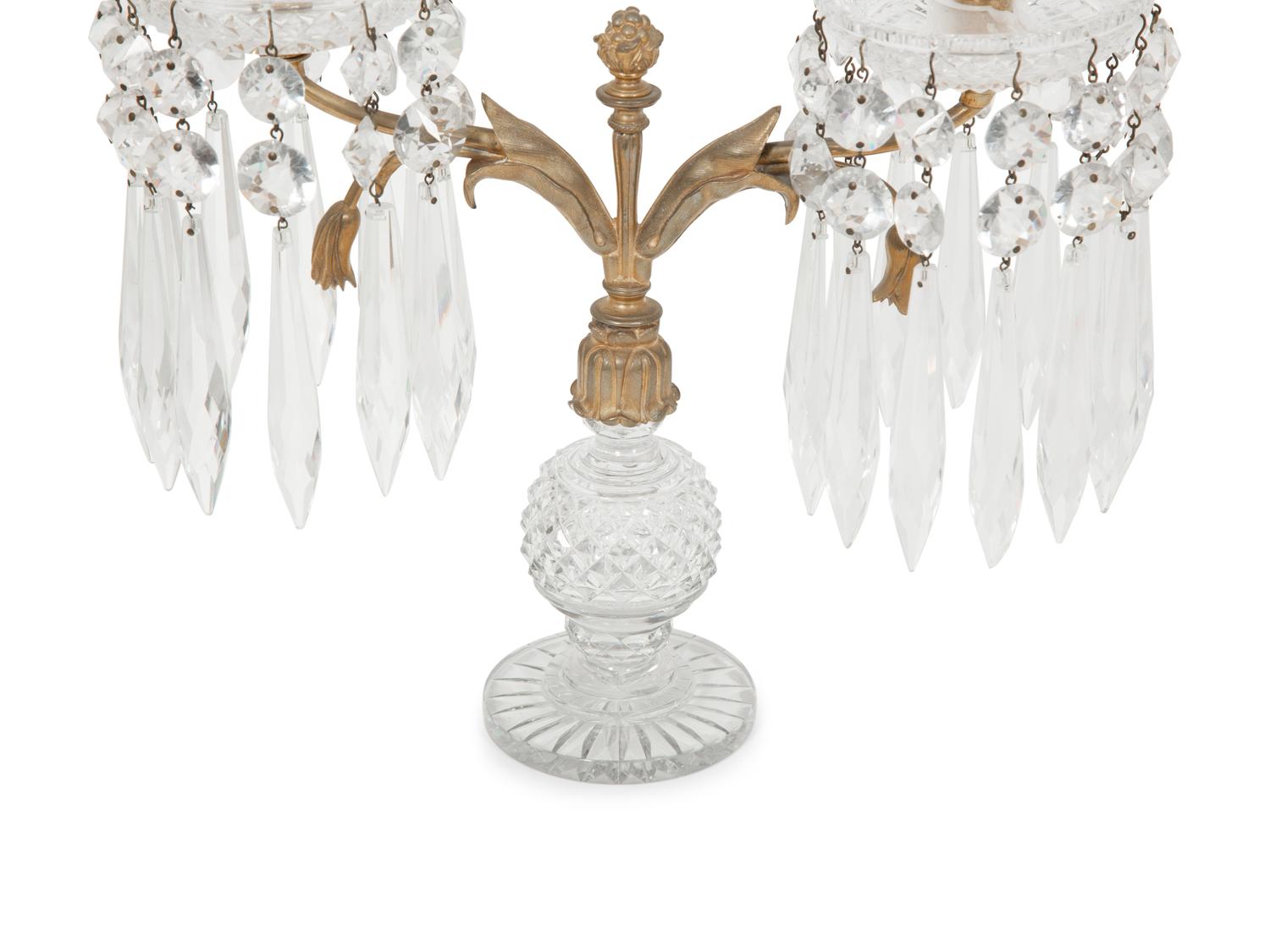 A Pair of Regency Style Gilt Bronze and Cut Glass Two-Light Candelabra