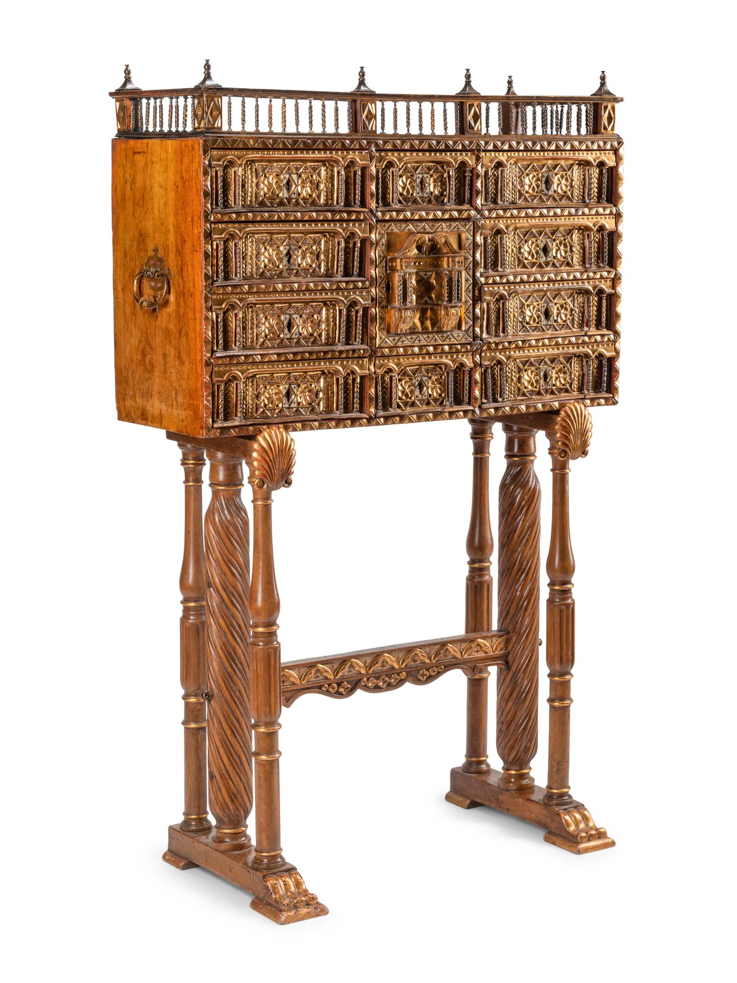 A Spanish Gilt and Polychrome Decorated Walnut Vargueño