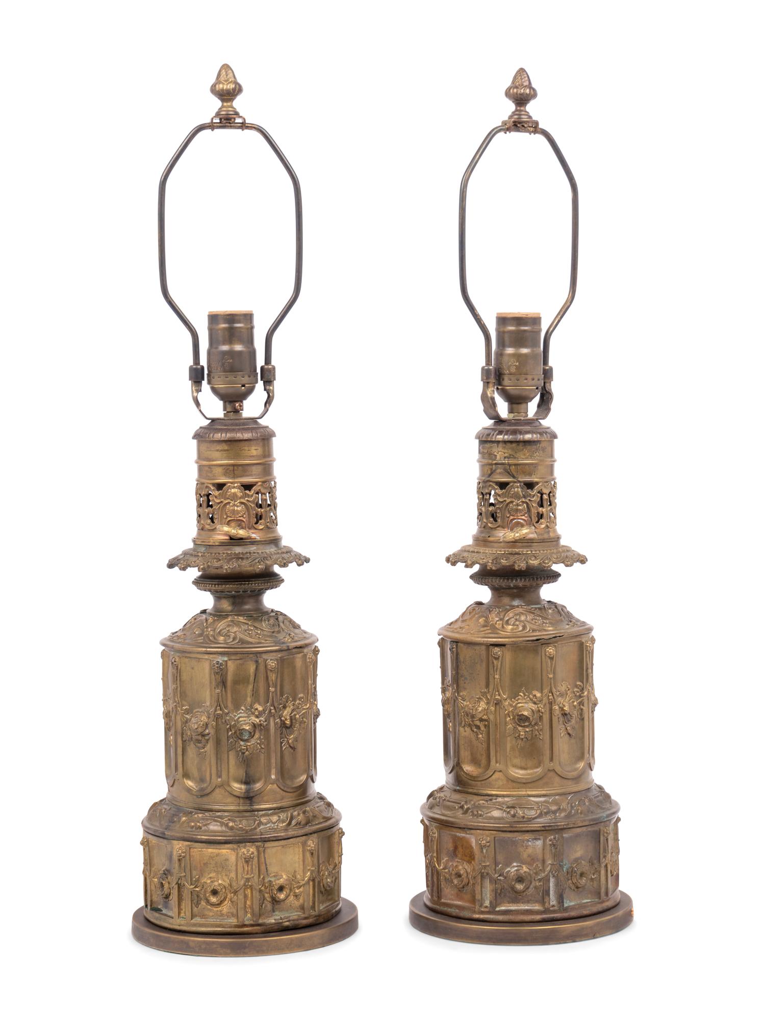 A Pair of French Gilt Metal Fluid Lamps Converted to Electricity
