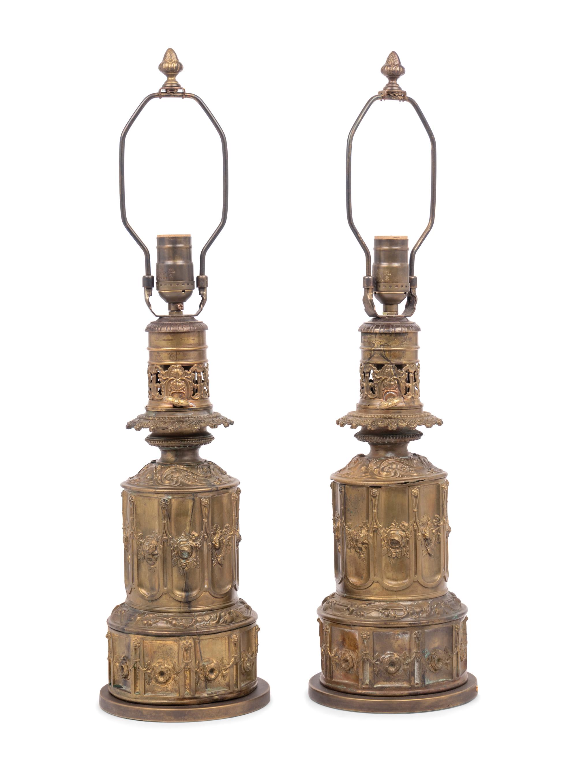 A Pair of French Gilt Metal Fluid Lamps Converted to Electricity