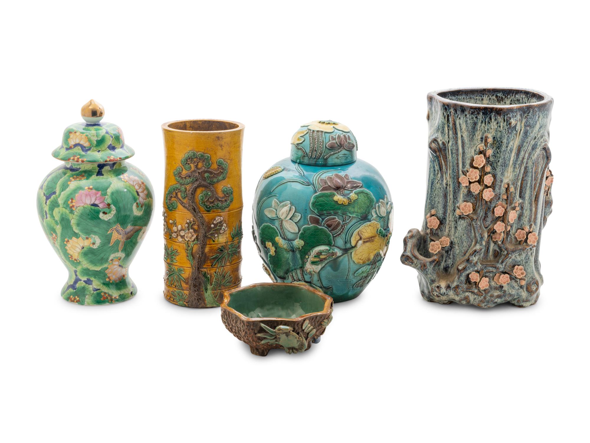 Five Chinese Polychrome Glazed Porcelain and Ceramic Wares