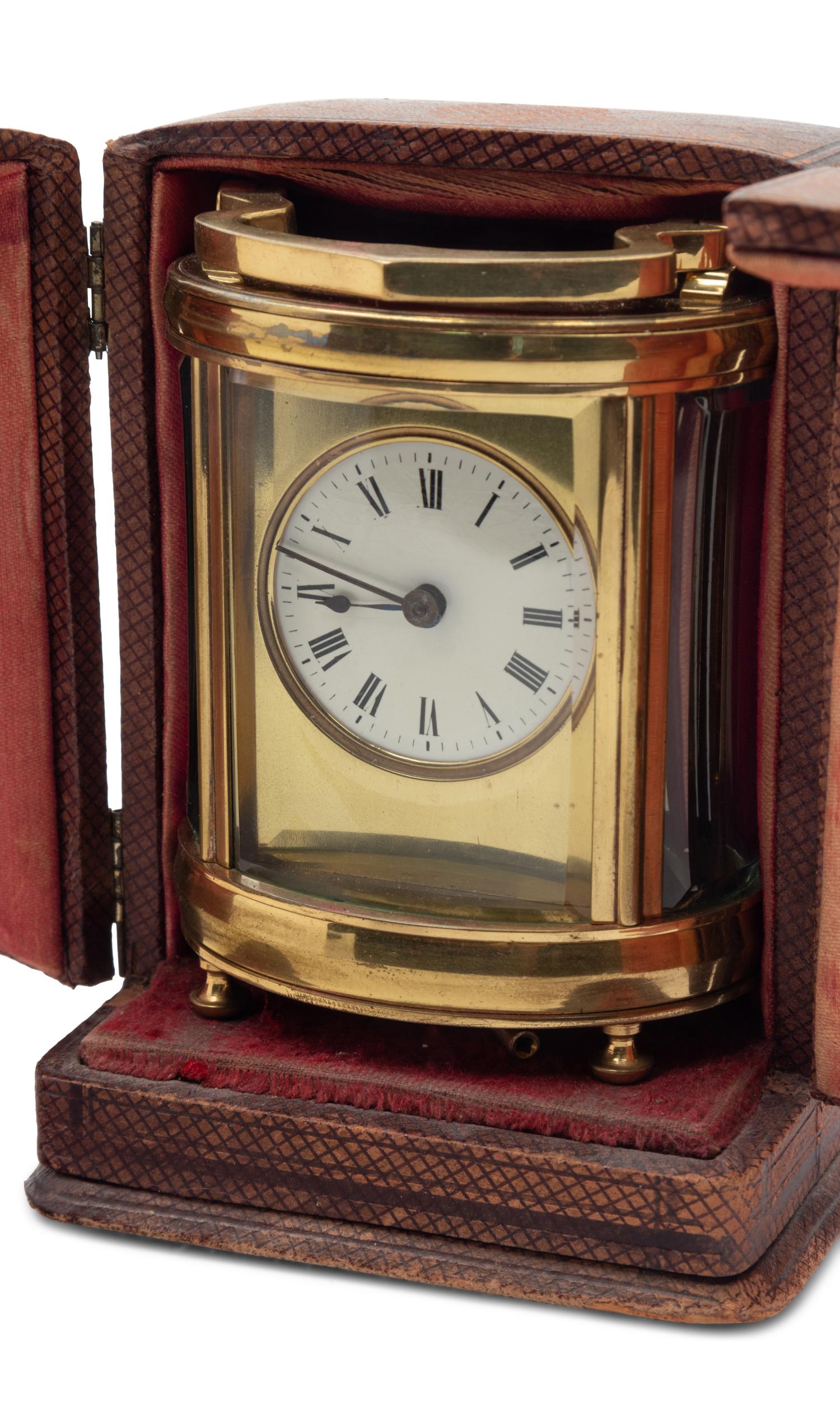 A Continental Leather-Cased Brass Carriage Clock