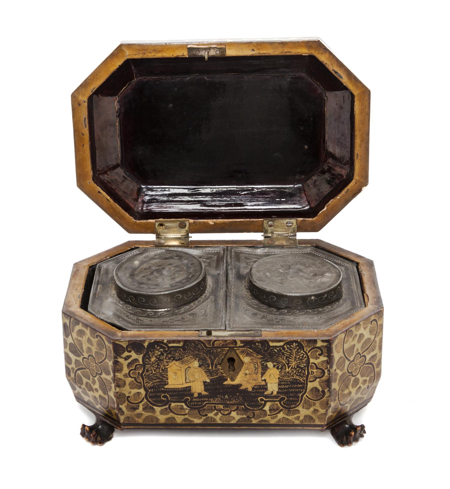 A Regency Lacquered Tea Caddy, SECOND QUARTER 19TH CENTURY, Width 8 inches. — SECOND QUARTER 19TH CENTURY,