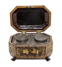 A Regency Lacquered Tea Caddy, SECOND QUARTER 19TH CENTURY, Width 8 inches. — SECOND QUARTER 19TH CENTURY,