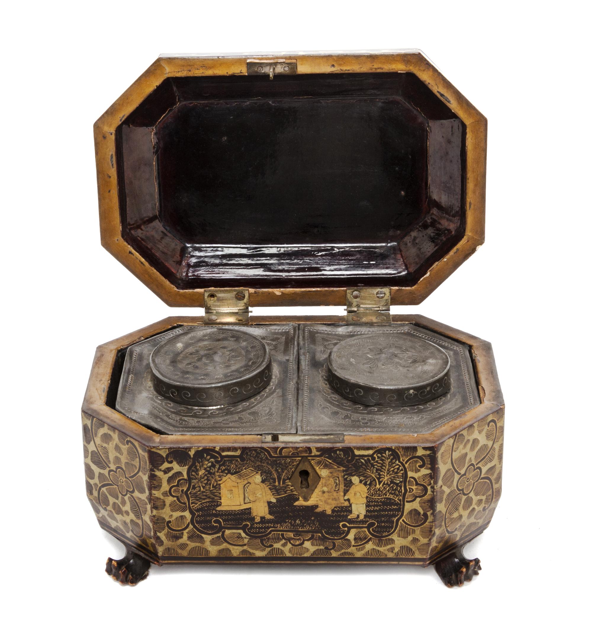 A Regency Lacquered Tea Caddy, SECOND QUARTER 19TH CENTURY, Width 8 inches. — SECOND QUARTER 19TH CENTURY,
